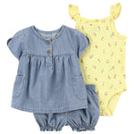 Conjunto de 3 piezas con estampado floral para bebé niña – Amarillo/Chambray