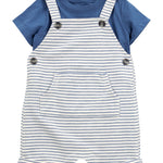 Conjunto de 2 piezas camisa y overol corto - Rayas - Azul/Blanco