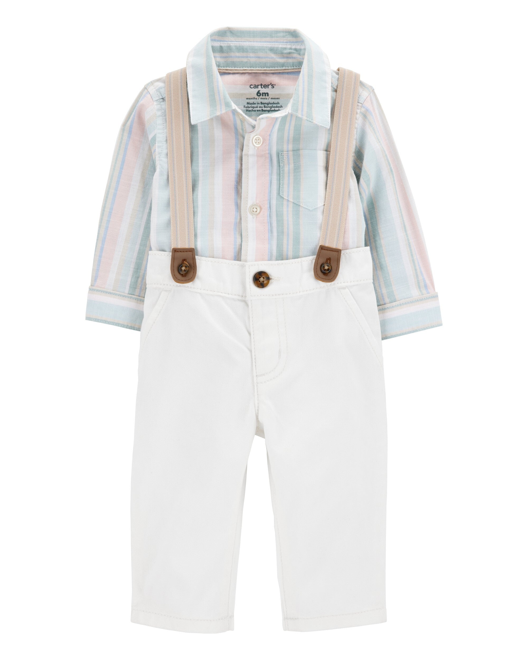 Conjunto de 3 piezas pañalero de botones y pantalón con tirantes
