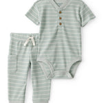 Conjunto de 2 piezas pañalero y pantalón - Rayas - Verde