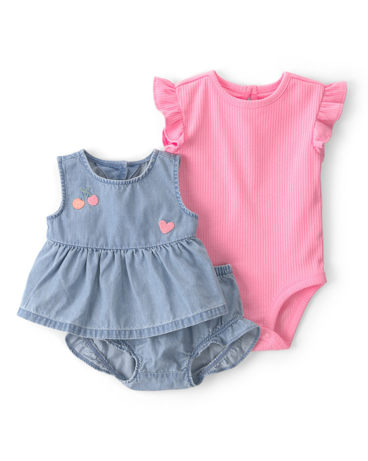 Conjunto De 3 Piezas Chambray Con Pañalero Y Blusa Cerezas - Azul