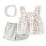 Conjunto de 3 piezas con shorts y diadema -Flores - Verde