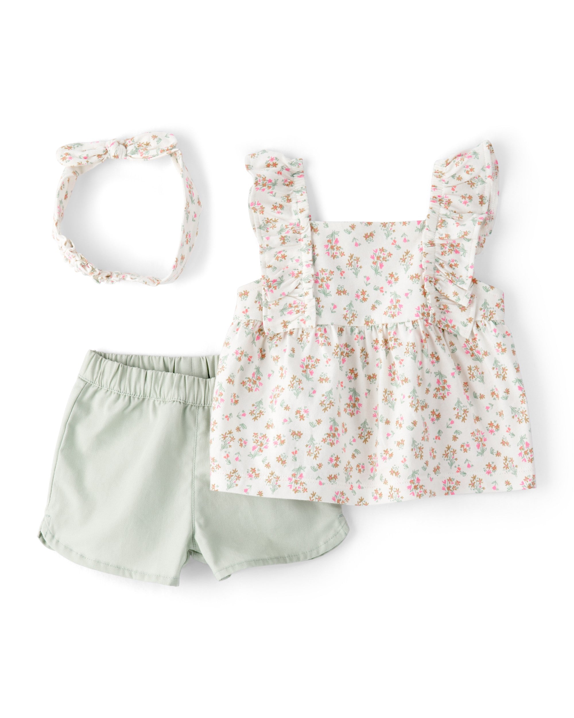 Conjunto de 3 piezas con shorts y diadema -Flores - Verde