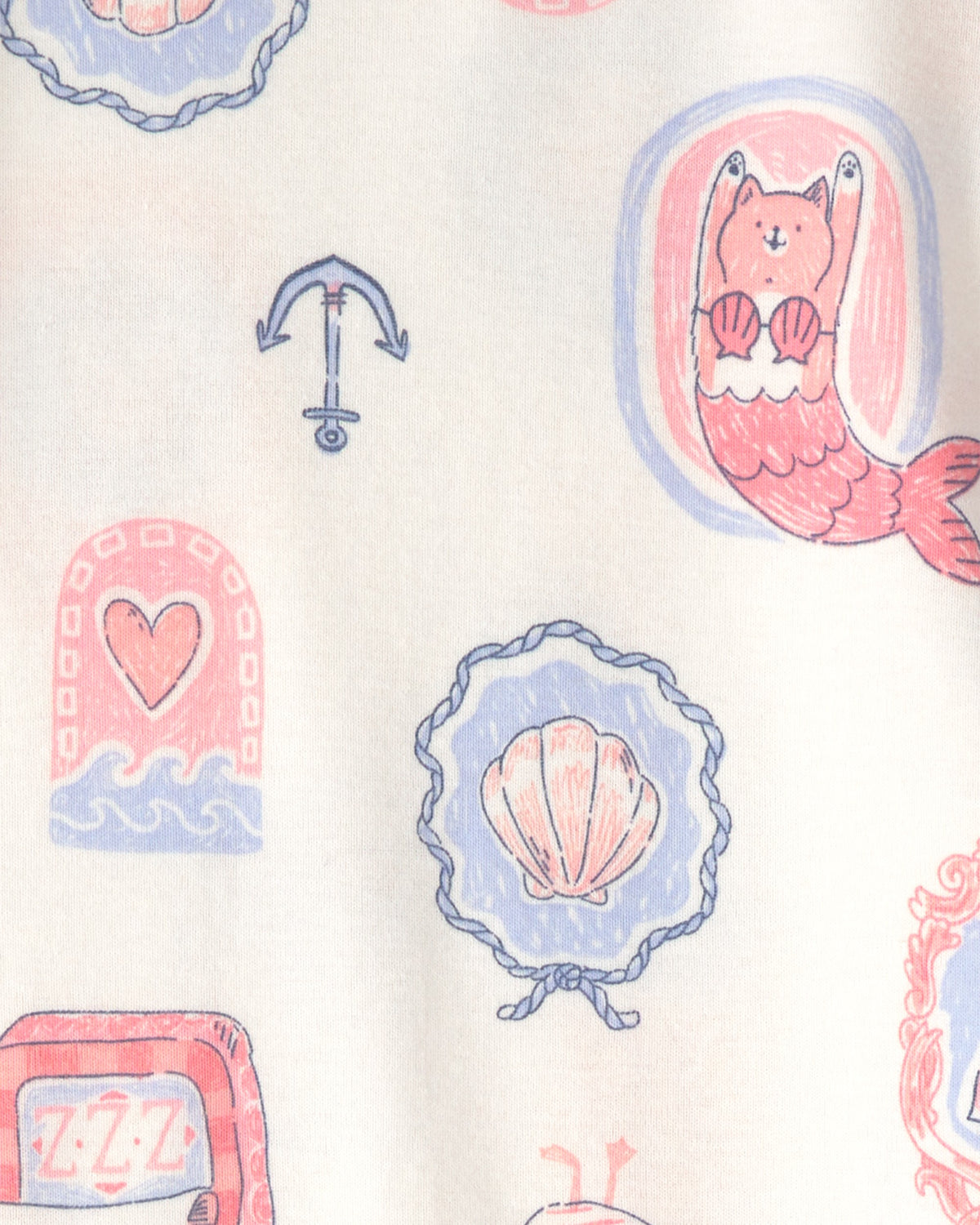 Pijama de 4 Piezas de Algodón 100% - Sirenas y Gatos - Rosado/Marfil