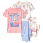 Pijama de 4 Piezas de Algodón 100% - Sirenas y Gatos - Rosado/Marfil