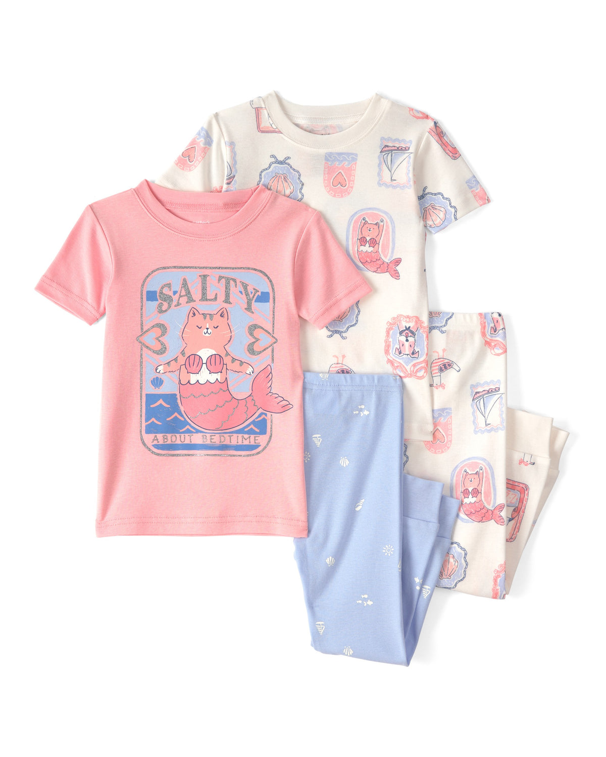 Pijama de 4 Piezas de Algodón 100% - Sirenas y Gatos - Rosado/Marfil