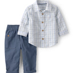 Conjunto De 2 Piezas De Camisa A Cuadros Y Pantalón - Azul
