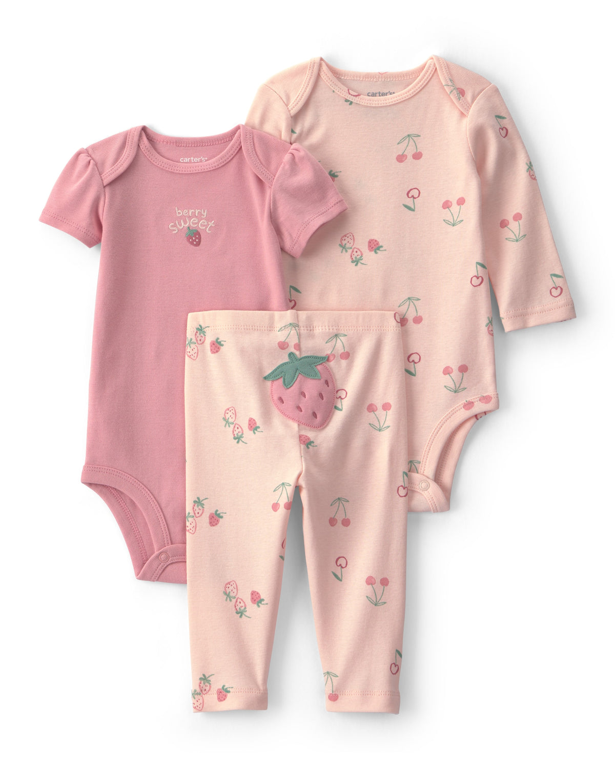 Conjunto de 3 piezas con pañaleros y pantalón de fresas - Rosa