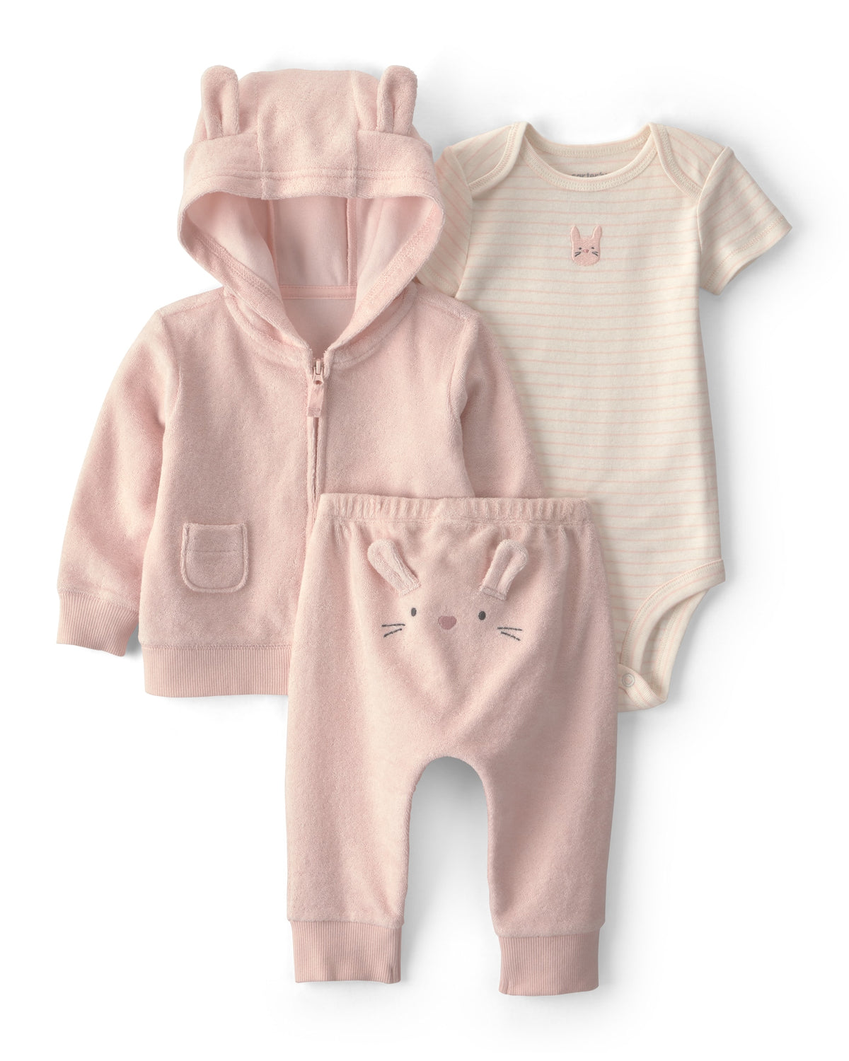 Conjunto 3 Piezas de Felpa Francesa con Cárdigan de Conejito - Rosa