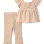 Conjunto De 2 Piezas Floral De Playera Sin Mangas Y Pantalón - Beige