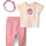 Conjunto de 3 piezas con playera con fresa y pantalón - Rosa
