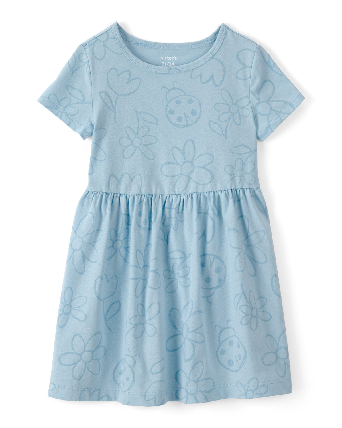 Vestido de Manga Corta con Catarinas y Flores - Azul