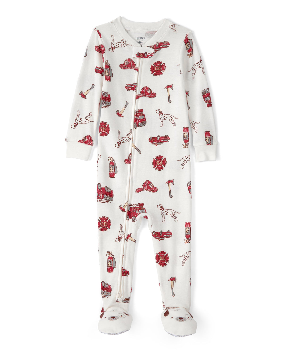 Pijama de 1 Pieza de Algodón 100% Ajuste Ceñido - Camión de Bomberos - Blanco